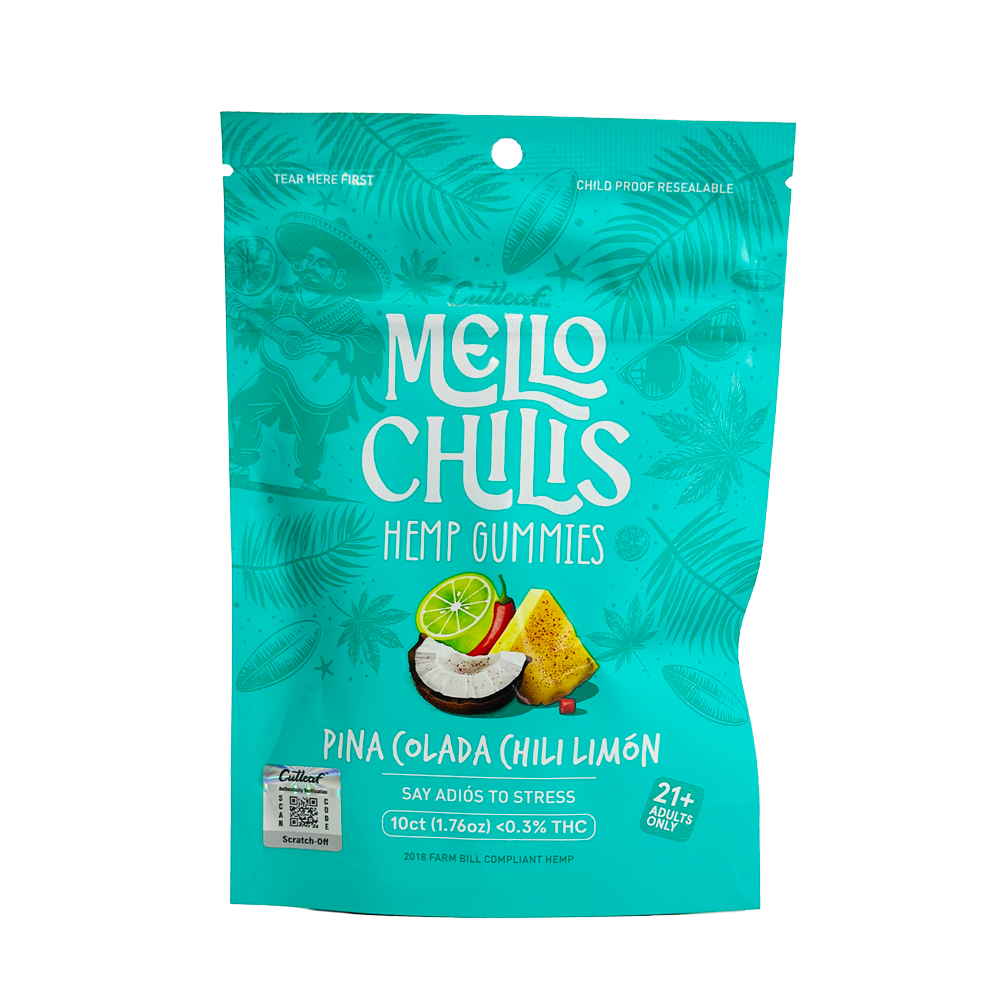 Cutleaf Mello Chilis Hemp Gummies Pine Colada Chili Limon - Tropical pina colada hemp gummies with a hint of chili for flavorful wellness.