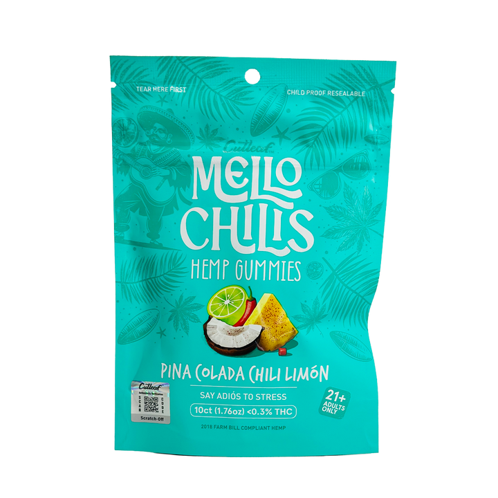 Cutleaf Mello Chilis Hemp Gummies Pine Colada Chili Limon - Tropical pina colada hemp gummies with a hint of chili for flavorful wellness.