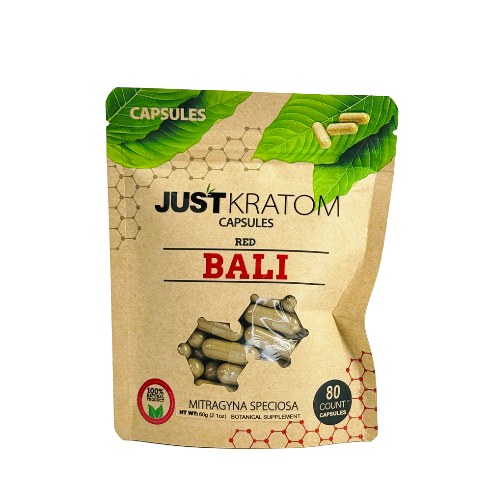 Just Kratom 80ct Capsules Red Bali - High-quality Red Bali kratom capsules for relaxation and wellness.