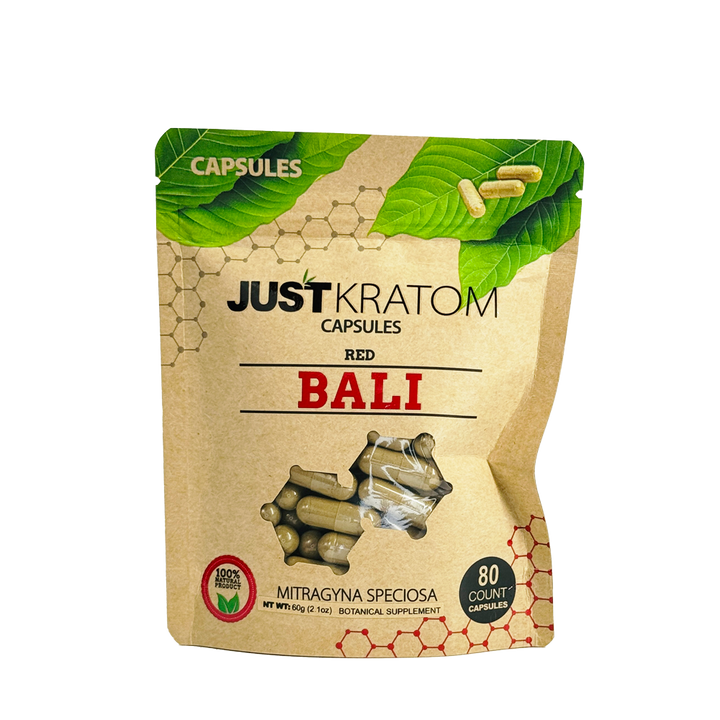 Just Kratom 80ct Capsules Red Bali - High-quality Red Bali kratom capsules for relaxation and wellness.